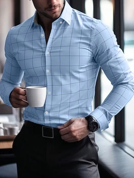 Camicia scozzese da uomo in tinta unita camicia abbottonata manica lunga business casual festa quotidiana casual autunno inverno primavera estate risvolto 1