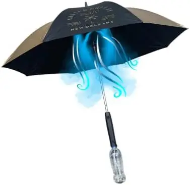 

Life UV Umbrella with Fan and Mister. A portable misting fan with UPF 50+ sun protection for outdoor festivals, beach, golf or o