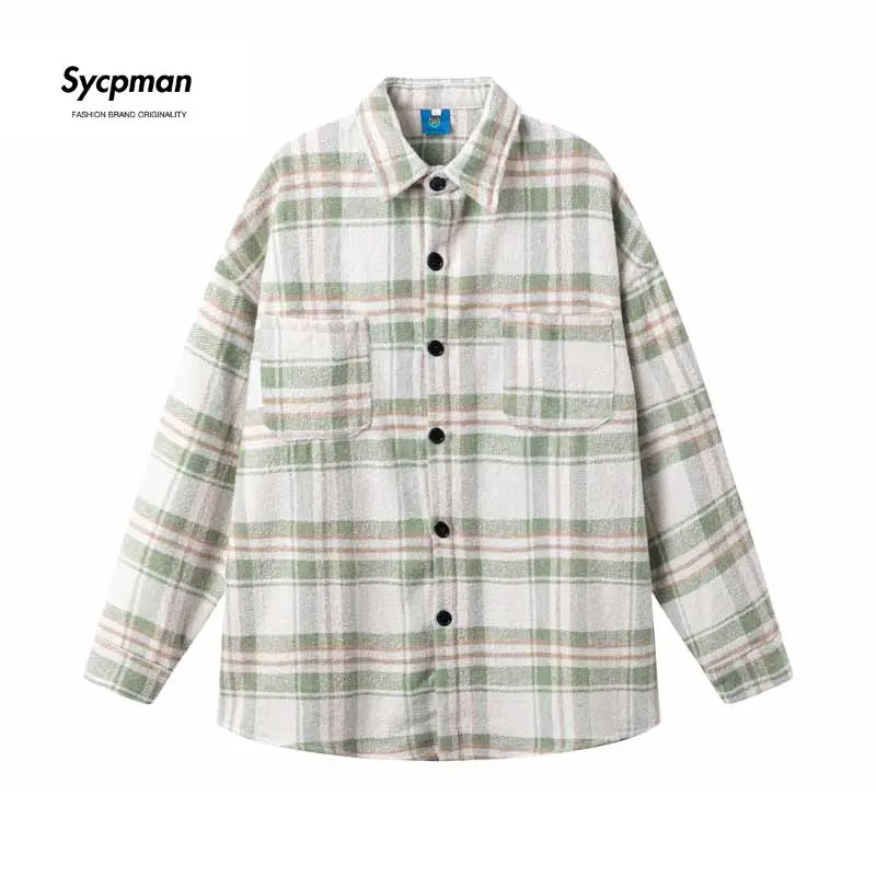 

Sycpman Japan Style Long Sleeved Woolen Shirt Autumn and Winter Couple Loose Jacket Men Trend Casual Streetwear