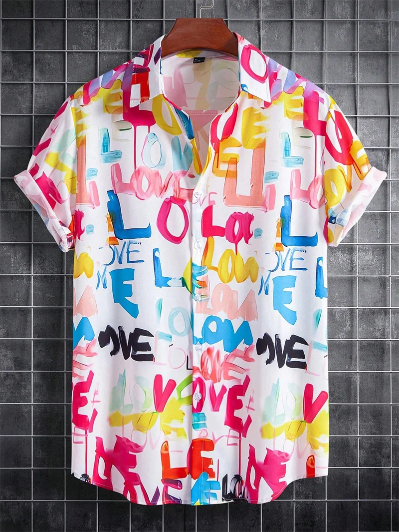 

2024 Colorful Graffiti I Love You Fashionable Men's Shirt Soft and Comfortable Street Outdoor Fishing Light Breathable Men's Top