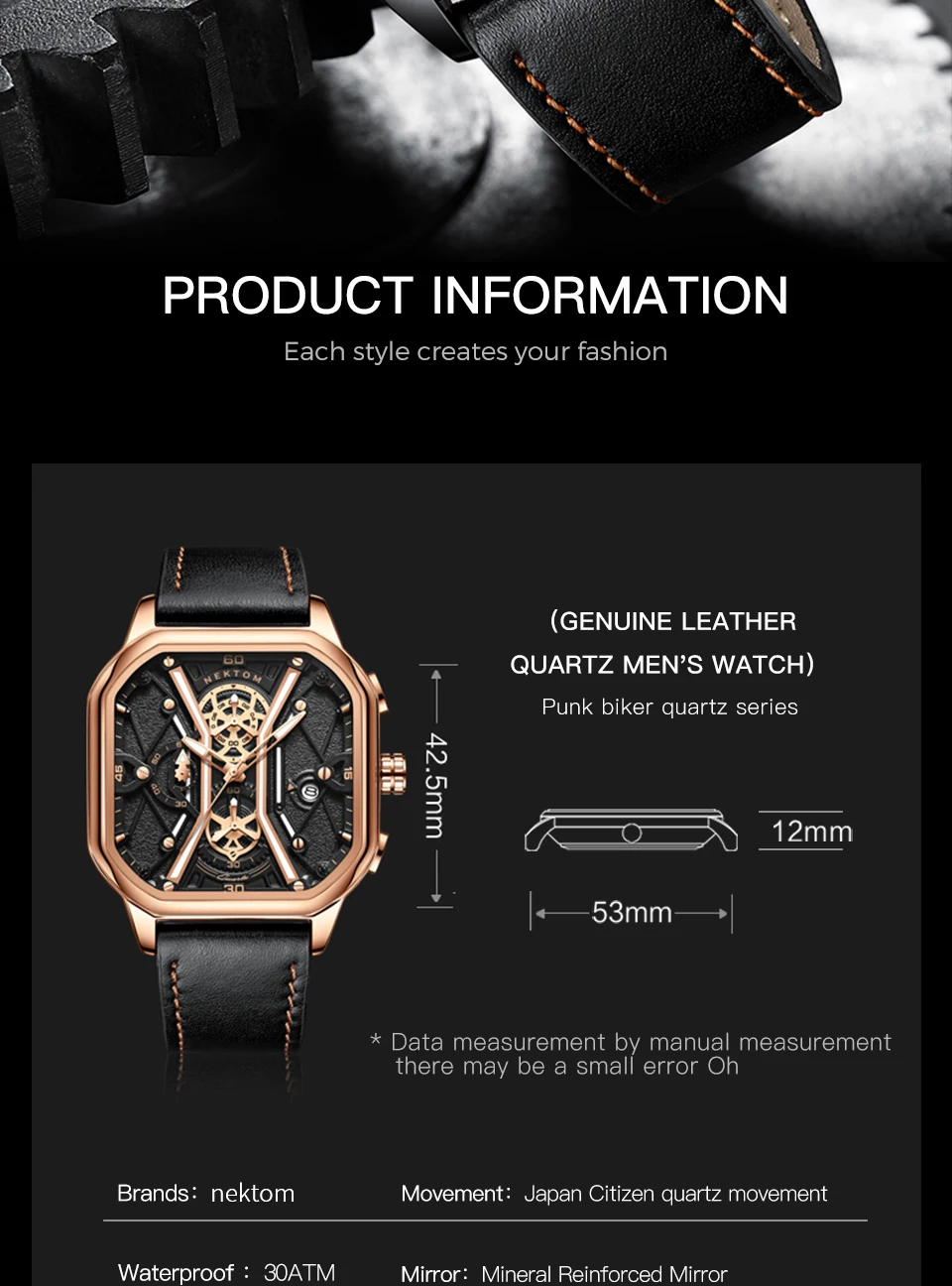 NEKTOM 2022 Luxury Square Quartz  Man Watch Waterproof Leather Strap Sport Watch Fashion Waterproof Quartz Wristwatch