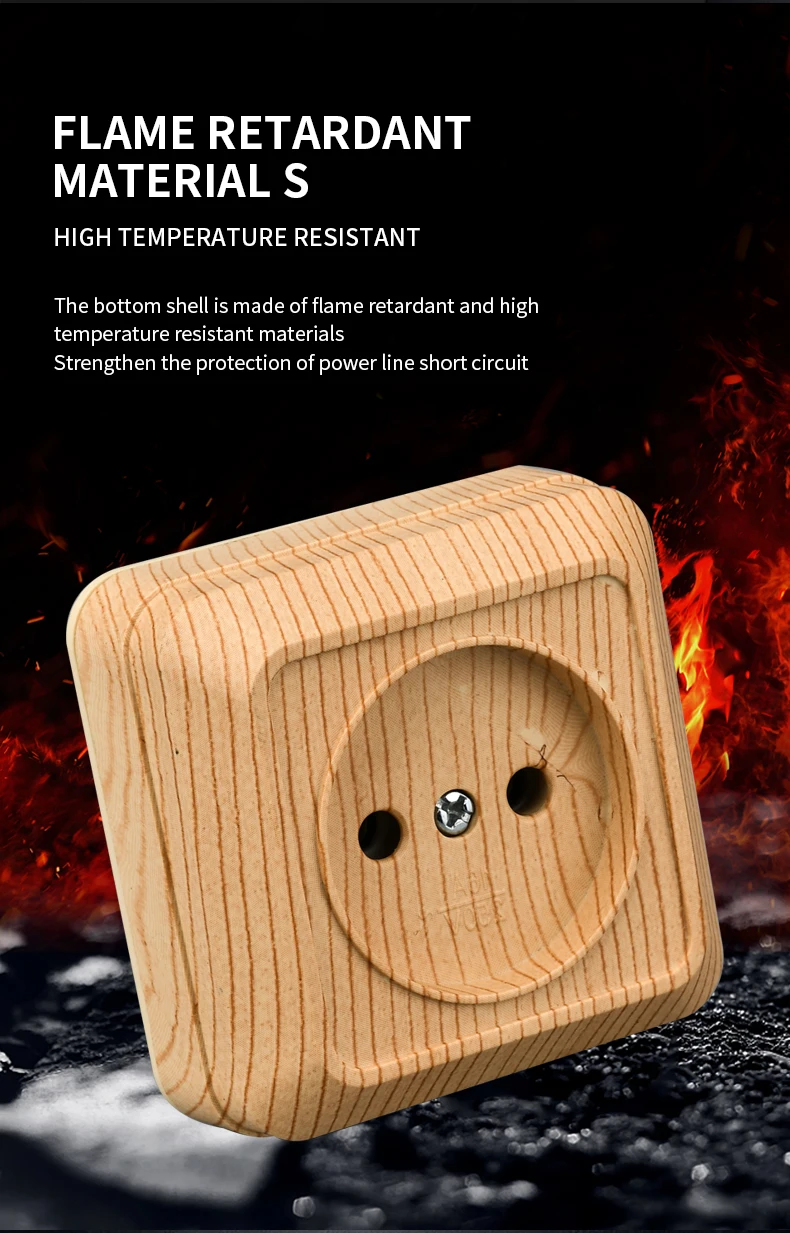 Description Picture 3 of itemWESA Wood Wall Mount Socket EU Standard Electrical Outlett Vintage Imitation Wooden Color Power Socket Flame Retardant Plastic