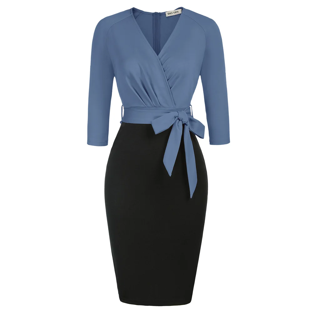 

GK Vintage Contrast Color Patchwork Wear To Work Vestidos Bodycon Office Business Sheath Women Dress Knee Length Workwear Dress