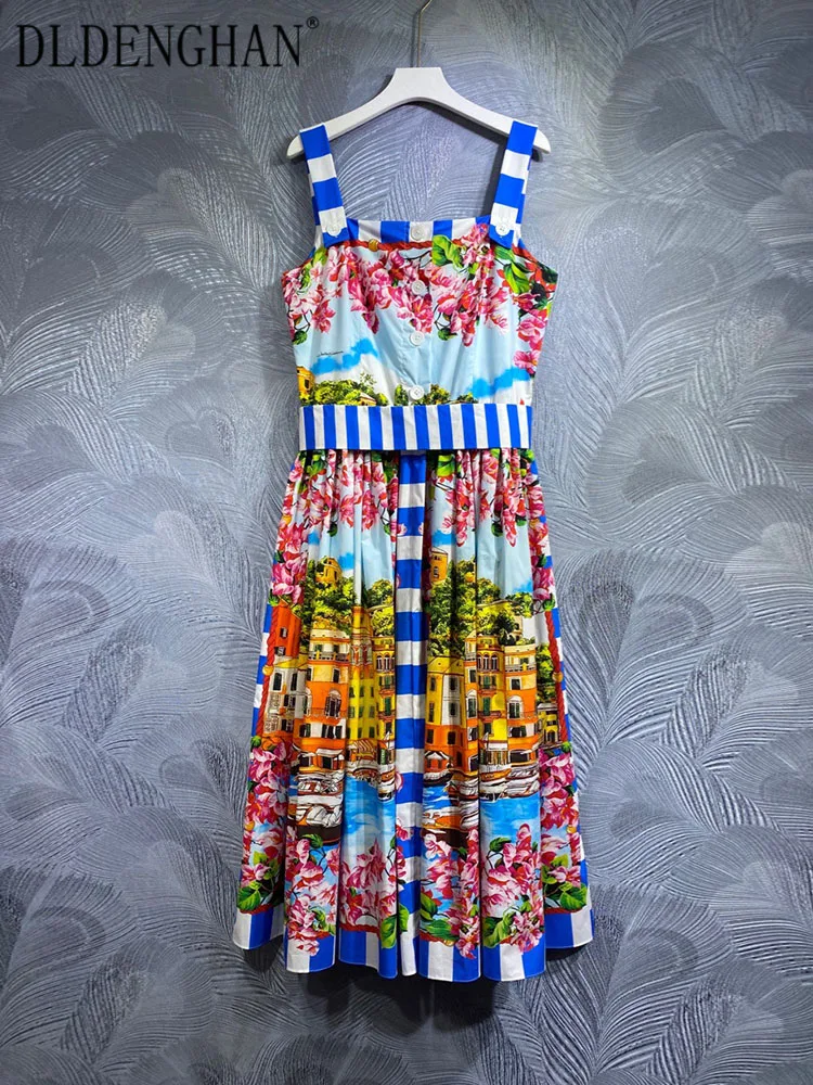 

DLDENGHAN Spring Summer 100% Cotton Backless Dress Women Spaghetti Strap Sleeveless Vacation Print Dresses Fashion Designer New