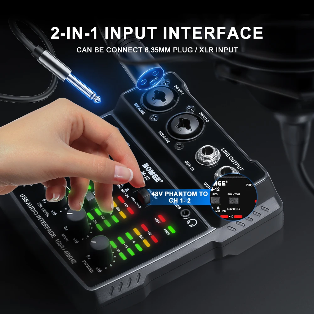 M-12 2 channels USB Audio Interface XLR Mic USB Sound Card for PC Recording Studio Plug&Play
