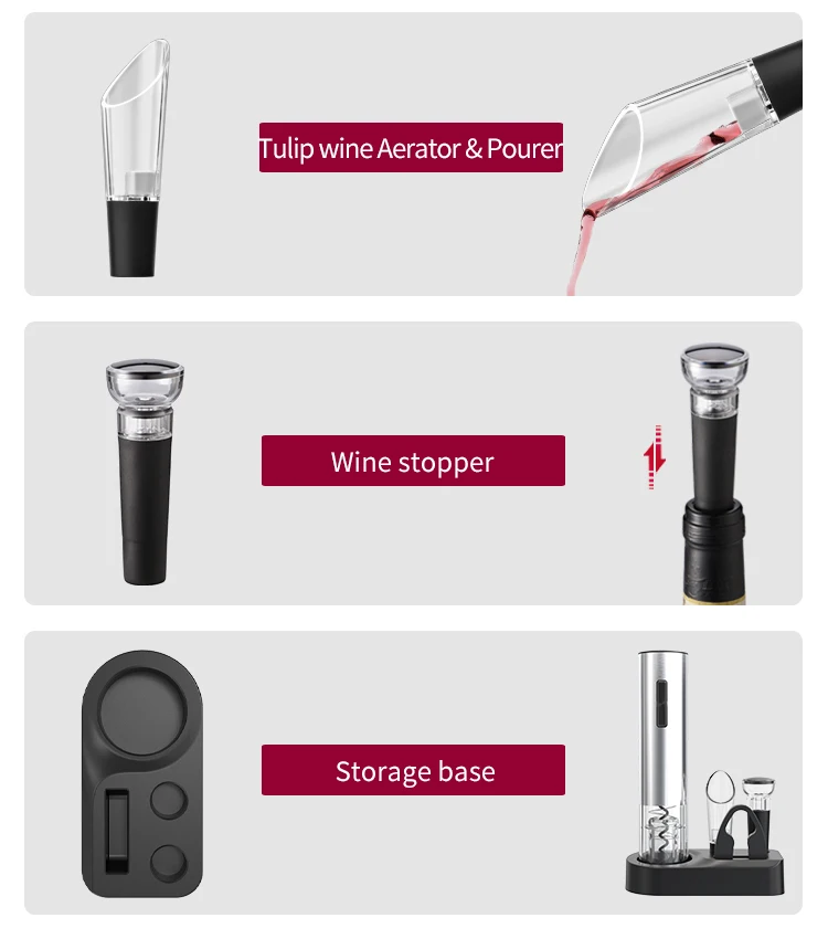 Electric Wine Opener One Touch Automatic Bottle Corkscrew with 2-in-1 Aerator Pourer, Foil Cutter,Vacuum Preservation Stoppers