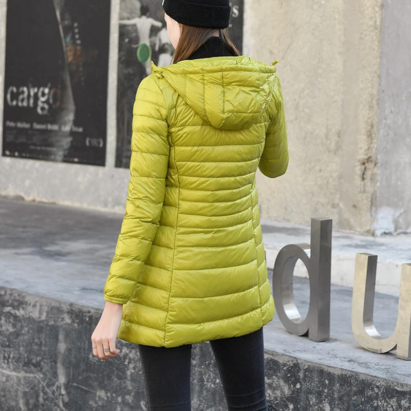 Autumn Winter Warm Puffer Jackets Ultralight Thin Long White Duck Down Jacket Portable Hooded Coat Female Slim Puffer Outwears