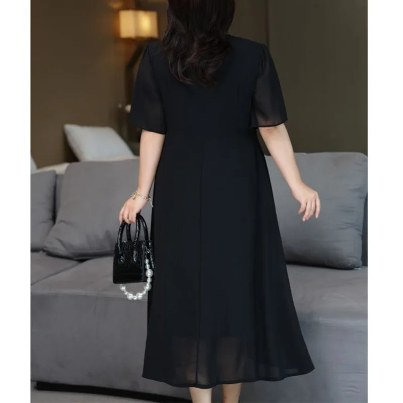 Fashion Plus Size Women's Clothes Chiffon Black Dress Summer V-Neck Hollow Out Patchwork Lace Short Sleeve Mid Length Dresses