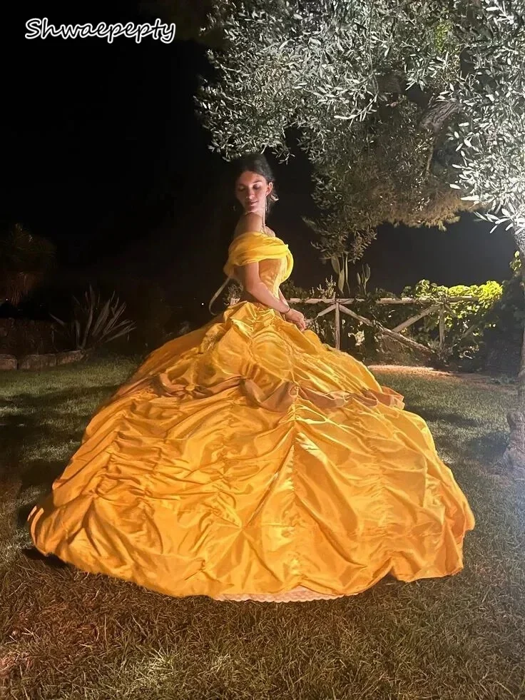 Off-shoulder Princess Prom Dress Ruched Gold Satin Victorian Cosplay  Masquerade | eBay