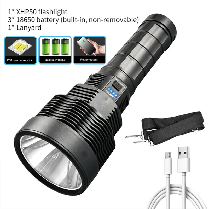 

New XHP50 Super Bright Flashlight Camping Outdoor USB 30W 2000 Lumen Power Portable LED Light Rechargeable Torch With Lanyard