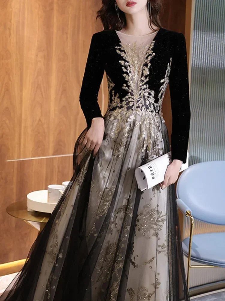 337621-863f98.jpg Se5e5ae81a83c49bfbffb131d3aec2bf52 Slim Fit Long Sleeve V-neck Elegant Evening Dresses Appliques Temperament Mesh Tiered Prom Vestidos Long Wedding Party Dress Mallzona