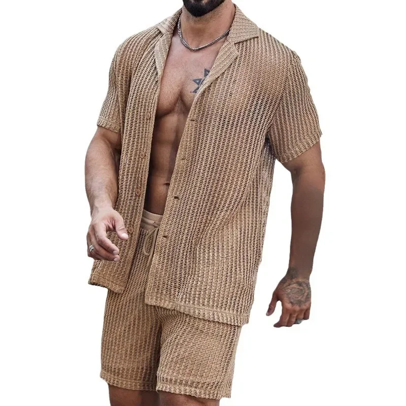 Men's Suits Solid Color Lapel Short Sleeved Shirt Summer Shorts Casual Fashion Two-piece Set for Men 5