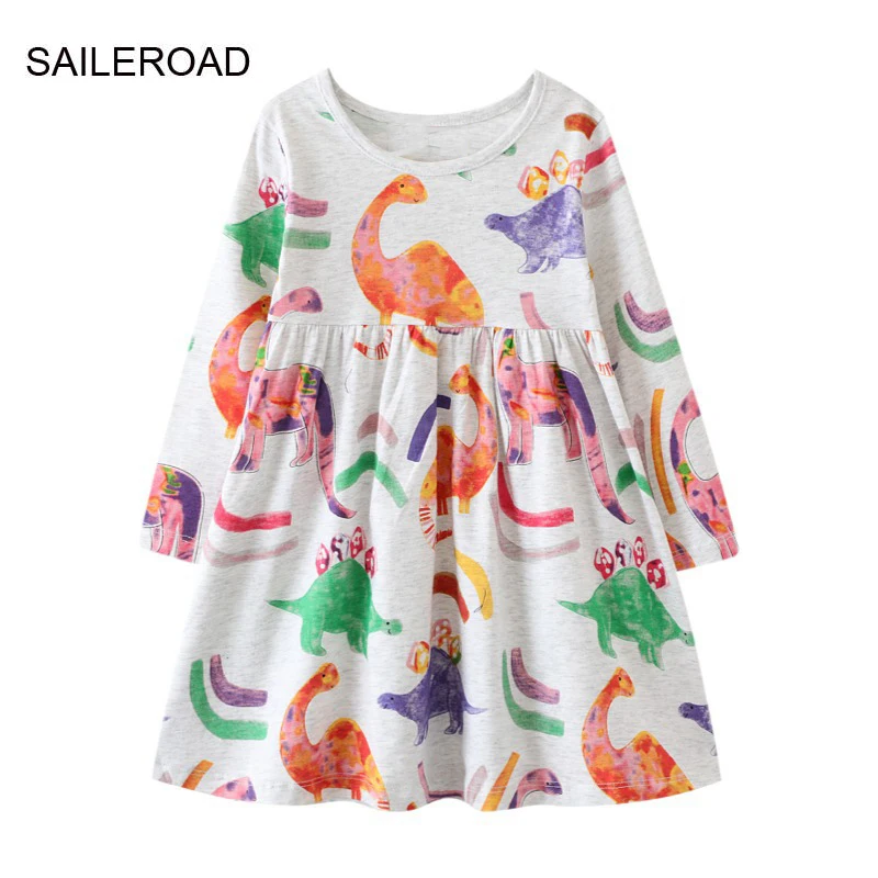 

SAILEROAD 2-7 Years Dinosaurs Designs Dresses Children Long Sleeve Dress Outfit Baby Girl Princess Dress Cotton Kids Clothes