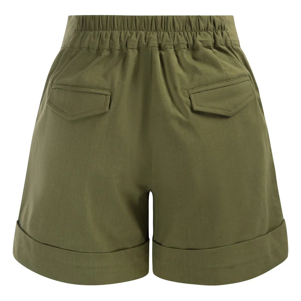 BP Women Summer Vintage Cotton Shorts Elastic High Waist A-Line Short Pants With Pockets Elegant Lady Wide Leg Shorts A30
