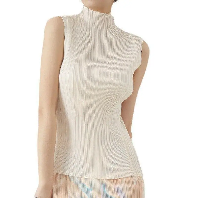 

Pleated Turtleneck Sleeveless Top Fashion Vest OL T-shirt