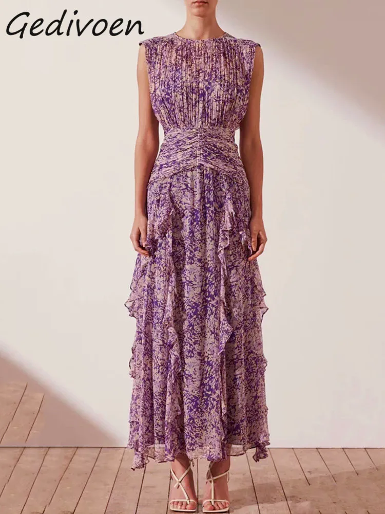 

Gedivoen Summer Fashion Runway Vintage Print Pleated Dress Women O-Neck Gathered Waist Ruffles Splicing Party Floral Long Dress