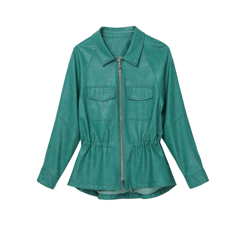 New Women Leather Jacket Spring Autumn Fashion Long Sleeve Drawstring Waist Sheep Leather Coat Casual Solid Biker Jacket Female