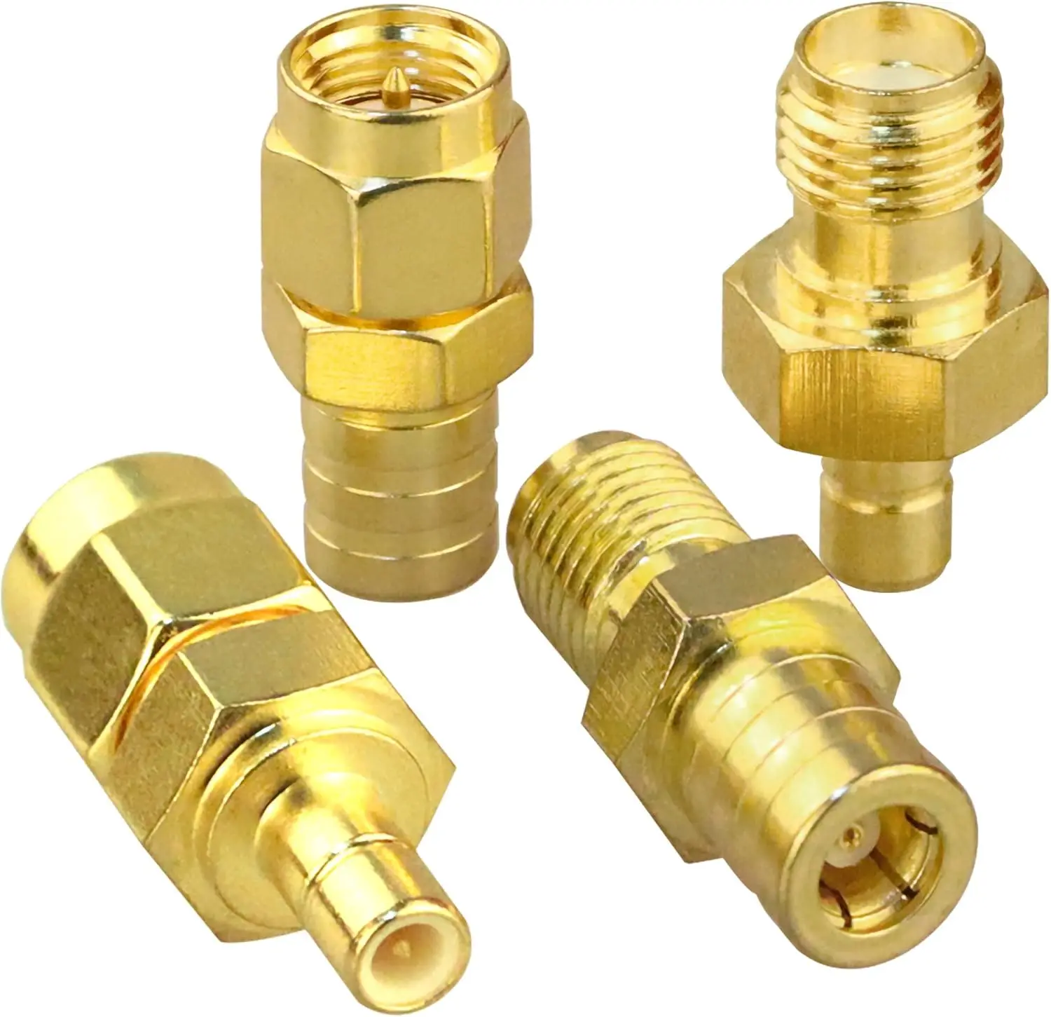 Vue de côté de l'adaptateur coaxial SMA vers SMB droit 50ohm plaqué or, connecteurs dorés.
