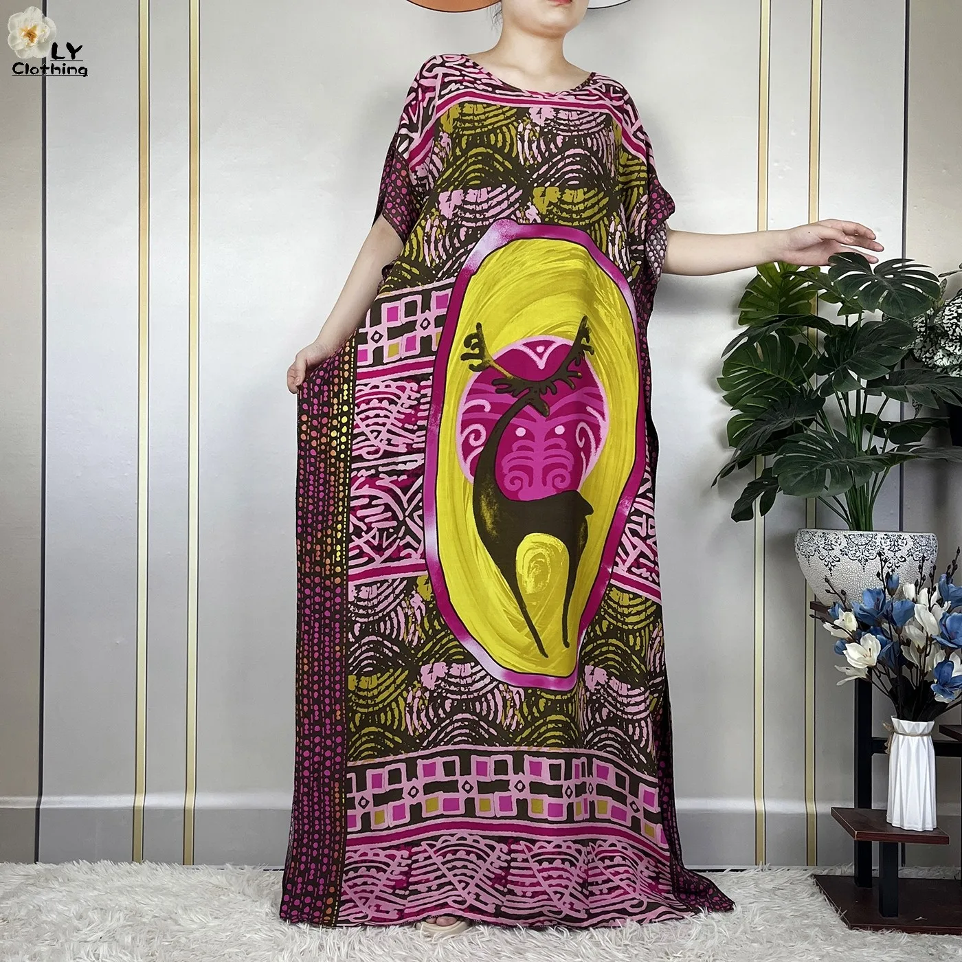 New African Fashion Femme Short Sleeve Loose Robe Dubai Muslim Dashiki Printing Cotton Woman Islam Abayas Dress With Large Scarf