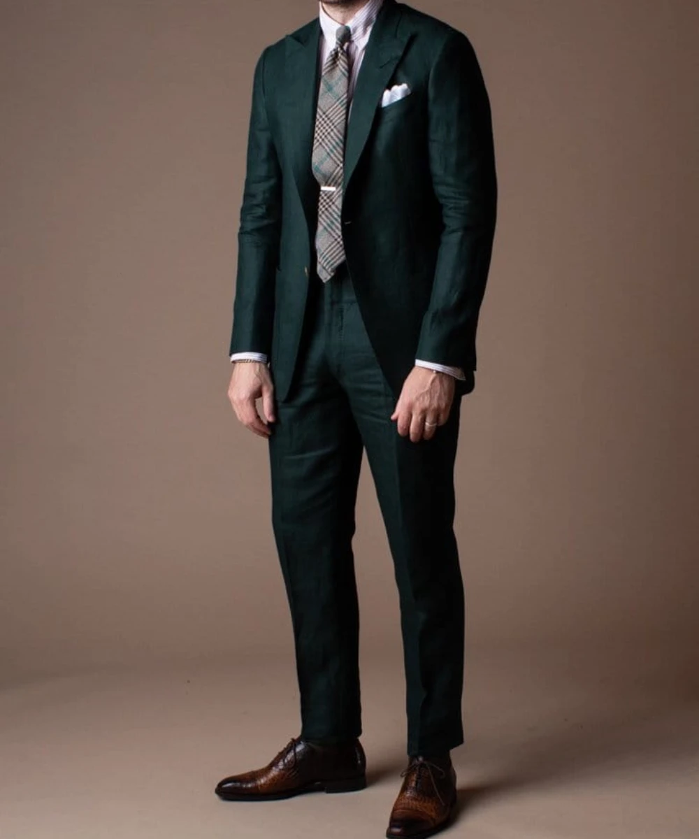 2024 Fashion Green Summer Linen Elegant Men Suits Casual Slim Fit Blazers Hombre High Quality Custom 2 Piece Set Costume Homme