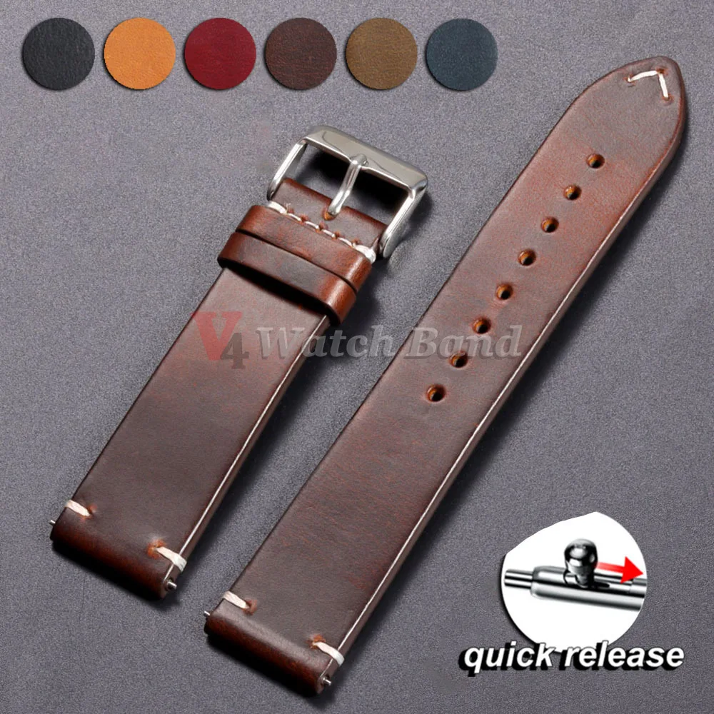 Vintage Brown Oil Wax Leather Watchband with Universal Stitching