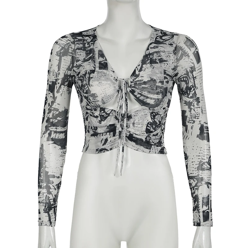 Grunge Mesh Butterfly Print Crop Top Fashion See Through Long Sleeve Hollow Out T-shirt Stylish Y2K Street Outfits