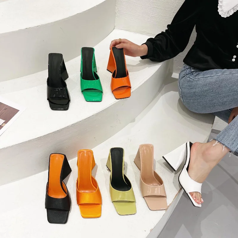 

New Summer Women's High-heeled Sandals Triangle High-heeled Square Toe Outer Sandals and Slippers Casual Shoes