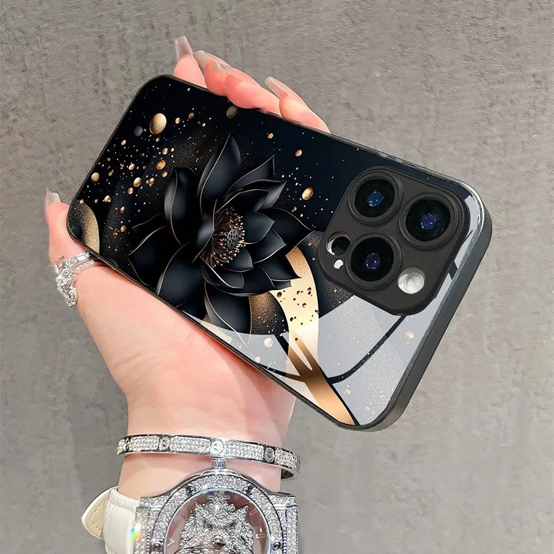 Luxurious Black Lotus Flower Pattern Phone Case with Glass Frame
