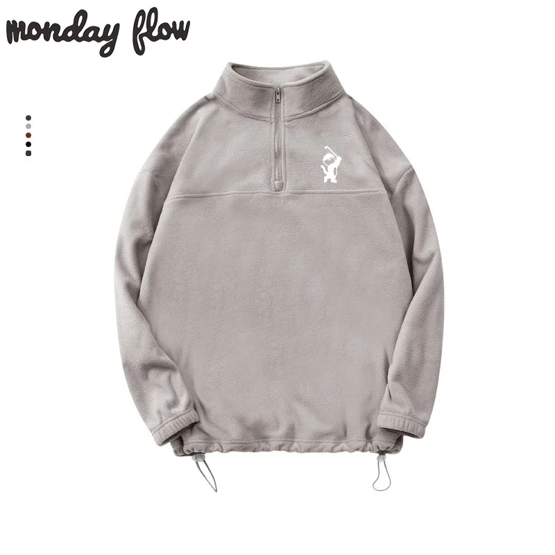 Monday Flow Men's Polar Fleece Half-zip Turtleneck Golf Sweatshirts Korean Loose Pullover Golf Hoodies New Vintage Streetwear