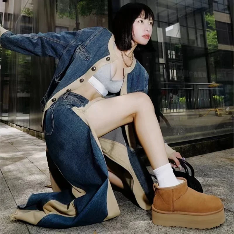 

Winter New Thick Sole Cotton Shoes, Leather and Wool Integrated plush and Thickened Short Boots Mini Snow Boots for Women