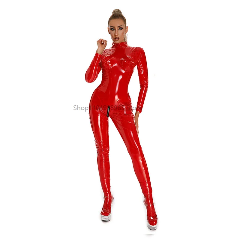 Women's Glitter PVC Latex Catsuit Open Crotch Rubber Long Sleeve Wet Look Fetish Wetsuit Sexy Detached Open-Cup Latex Catsuit