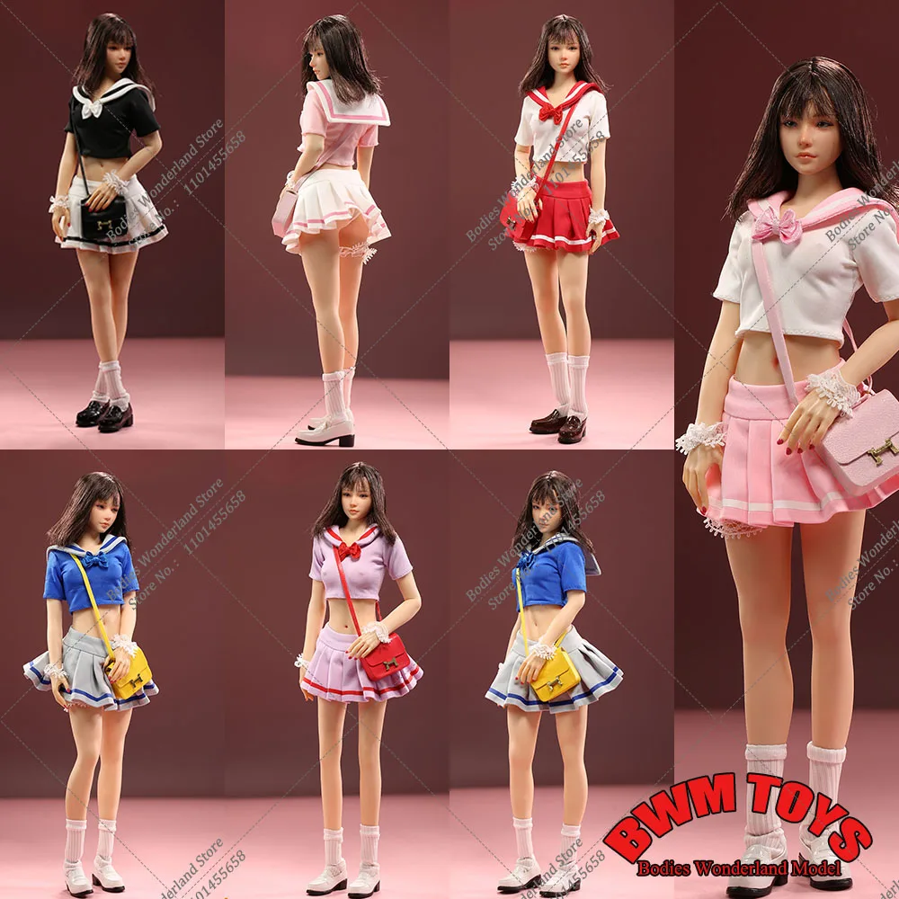 

JO23X-10 5 Pcs/set 1/6 Scale Girl Student Uniform T-shirt Pleated Skirt Set Fit 12'' Female Small Mid Breast Action Figure