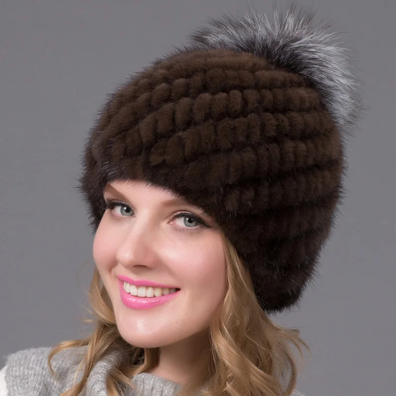 

Winter mink fur hats for women hand-woven fox pompom fur bonnets fashion warm wool lining russia female earflap beanies