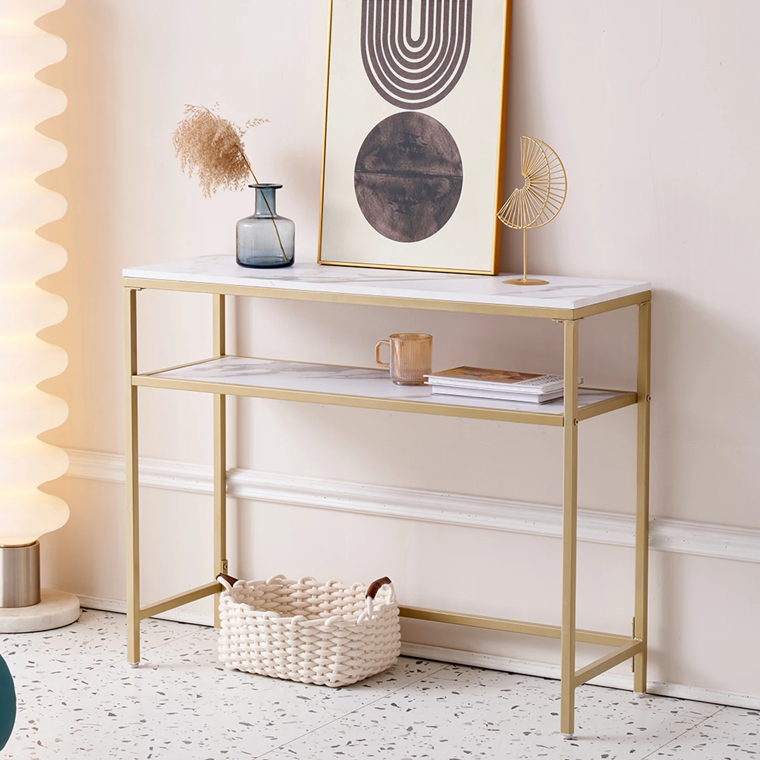 Extra Long Console Table Sintered Top Gold Metal Leg Sofa Table