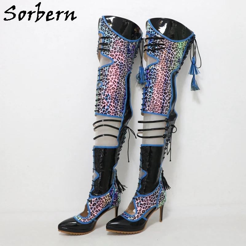 

Sorbern Customized Mid Thigh Boots Women Leopard Holo Black Pointed Toe Platform High Heel Stilettos Fetish Shoes Lace Up