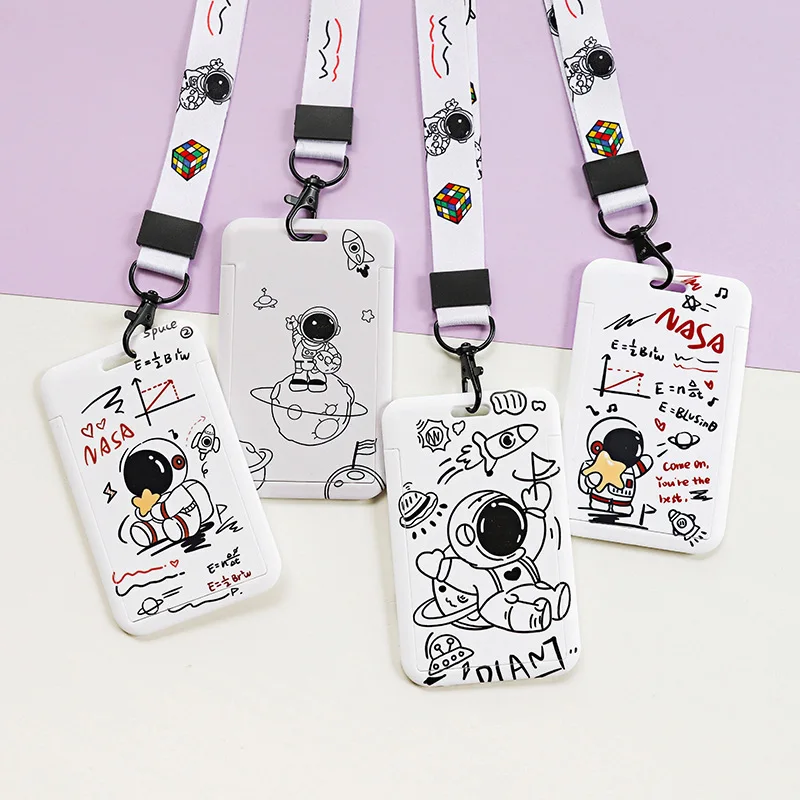 Ins Comic Planet Astronaut Doodle Series Lanyard Card Holder Student Credential For Pass Card Anime Credit Card Straps Key Ring