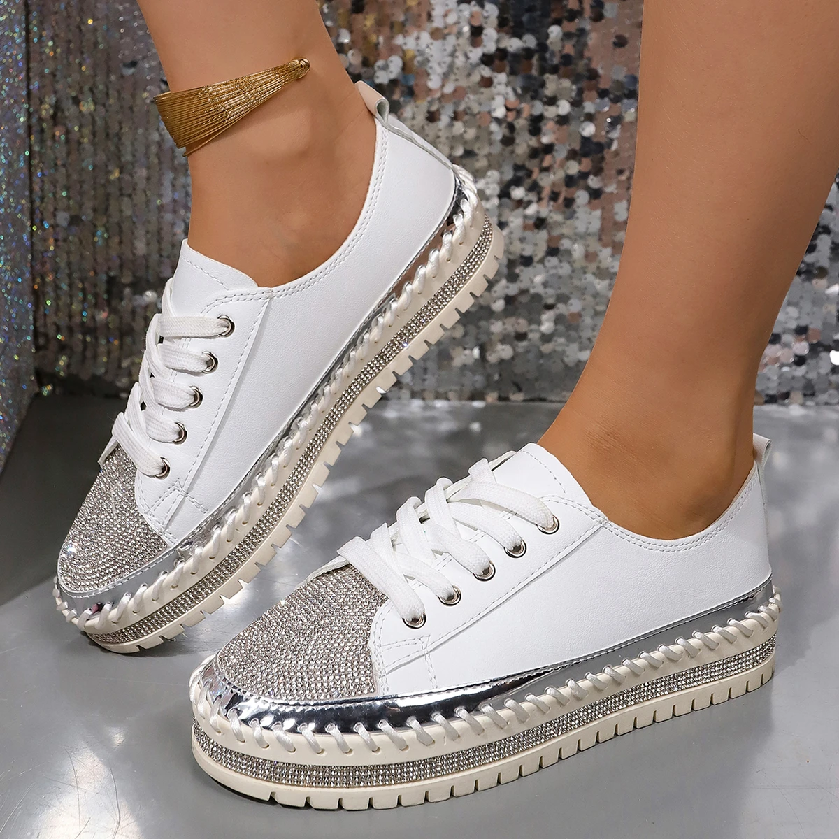 Shoes for Women Sneakers Crystal Thick Soles Casual Rhinestones PU Walking Flats Thick Bottom Shoes Women's sneaker Plus Size 43