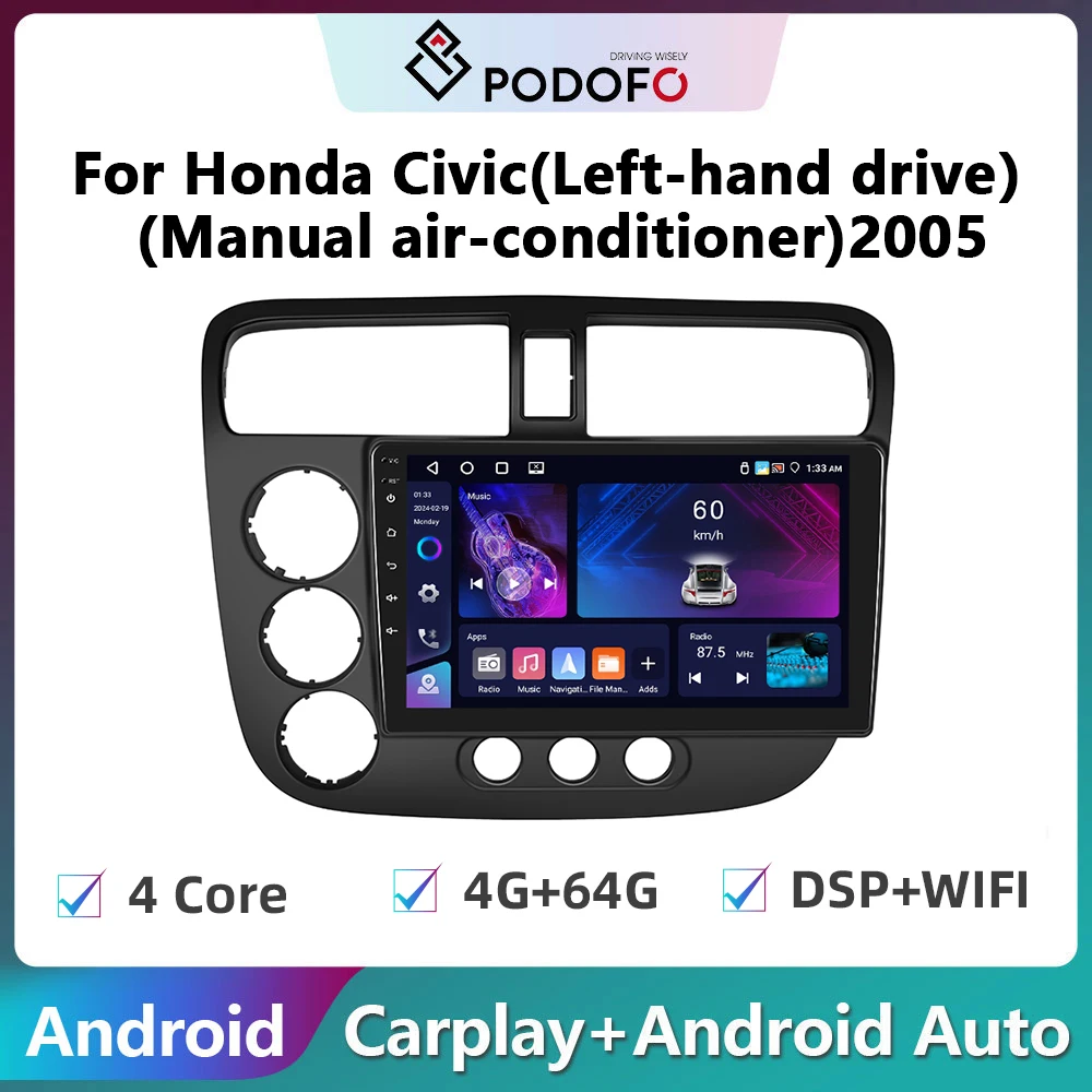 

Podofo 2Din Android Car Radio Multimidia Video Player For Honda Civic 2005 GPS Navigation Carplay Auto Stereo Head Unit