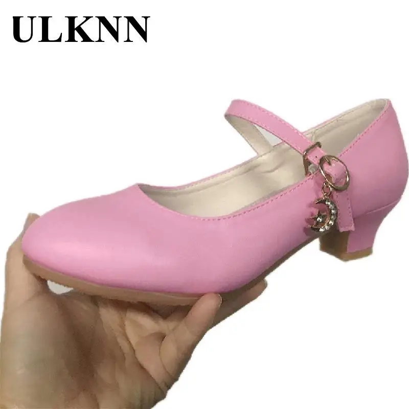 Girl's Leather Shoes Princess Silver Shoe for Girls Sandals High Heel Glitter Shiny Rhinestone Enfants Party Shoes