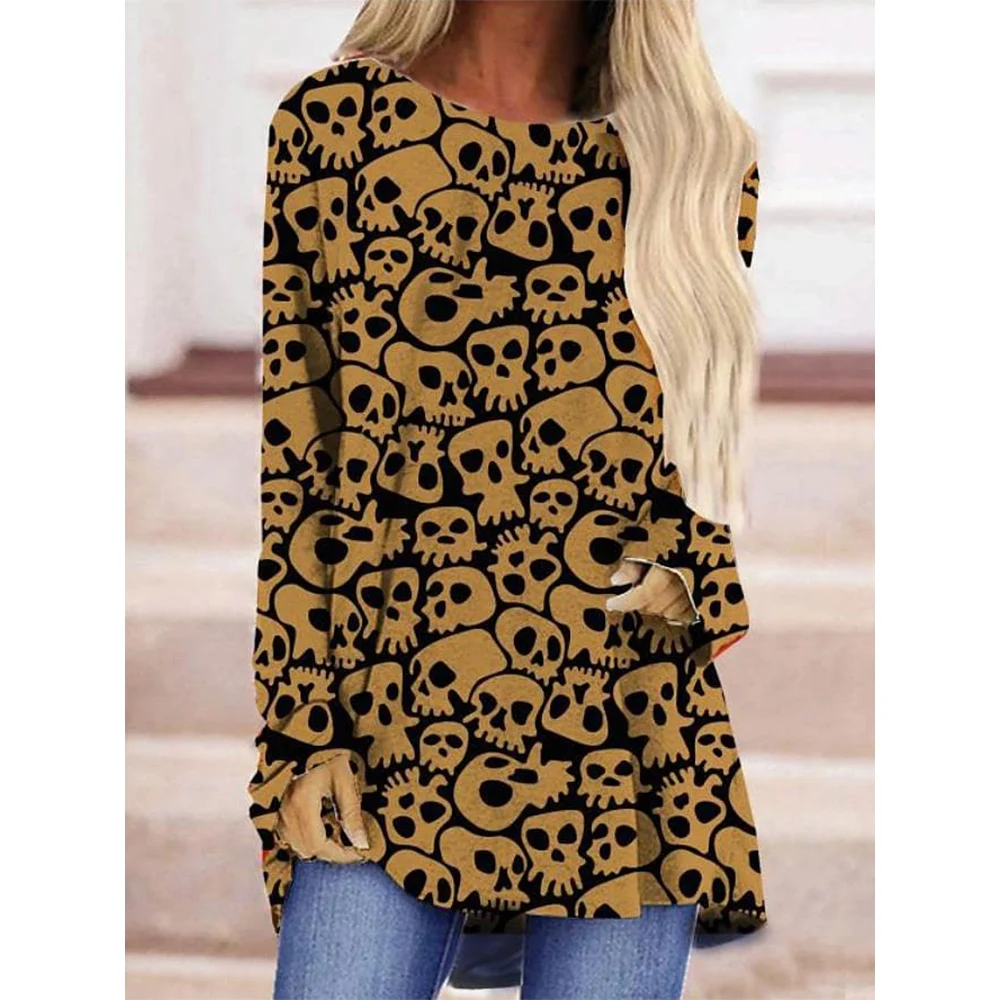 

CLOOCL Retro Tops Halloween Shirts Long Sleeves Pullover Cartoon Scary Skull Pattern Print T-Shirt Autumn Female Clothing