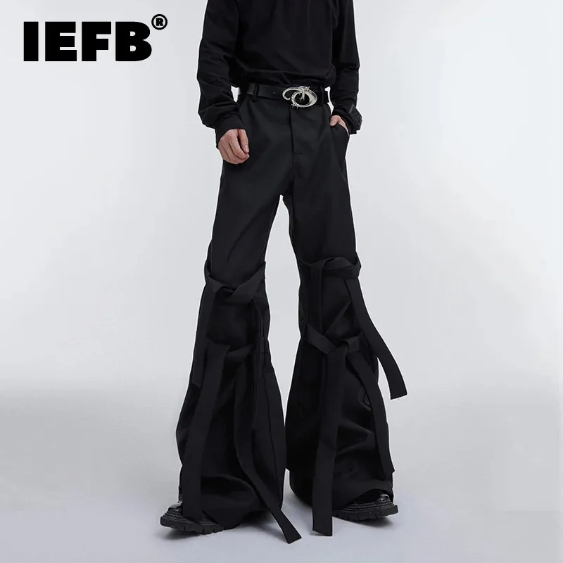 

IEFB Trend Men's Suit Pants Pleated Strap Niche Design Fashion Micro Flared Trousers Personality Streetwear Autumn New 9C3069