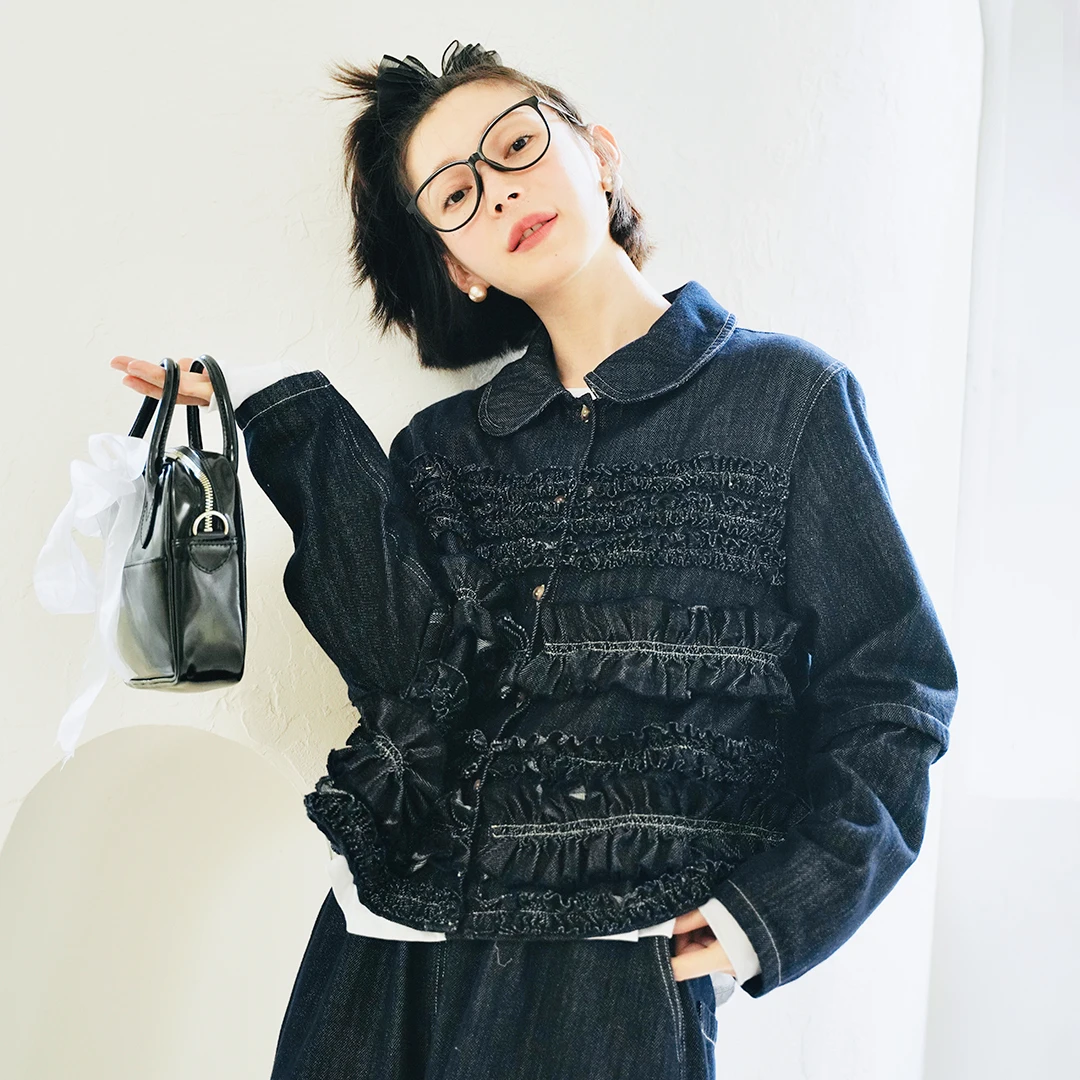 Imakokoni-오리지널 2022 초가을 레이스 헤비 인더스트리 데님 스몰 자켓, 긴팔 인형 칼라 라펠 카디건 탑, 여성용