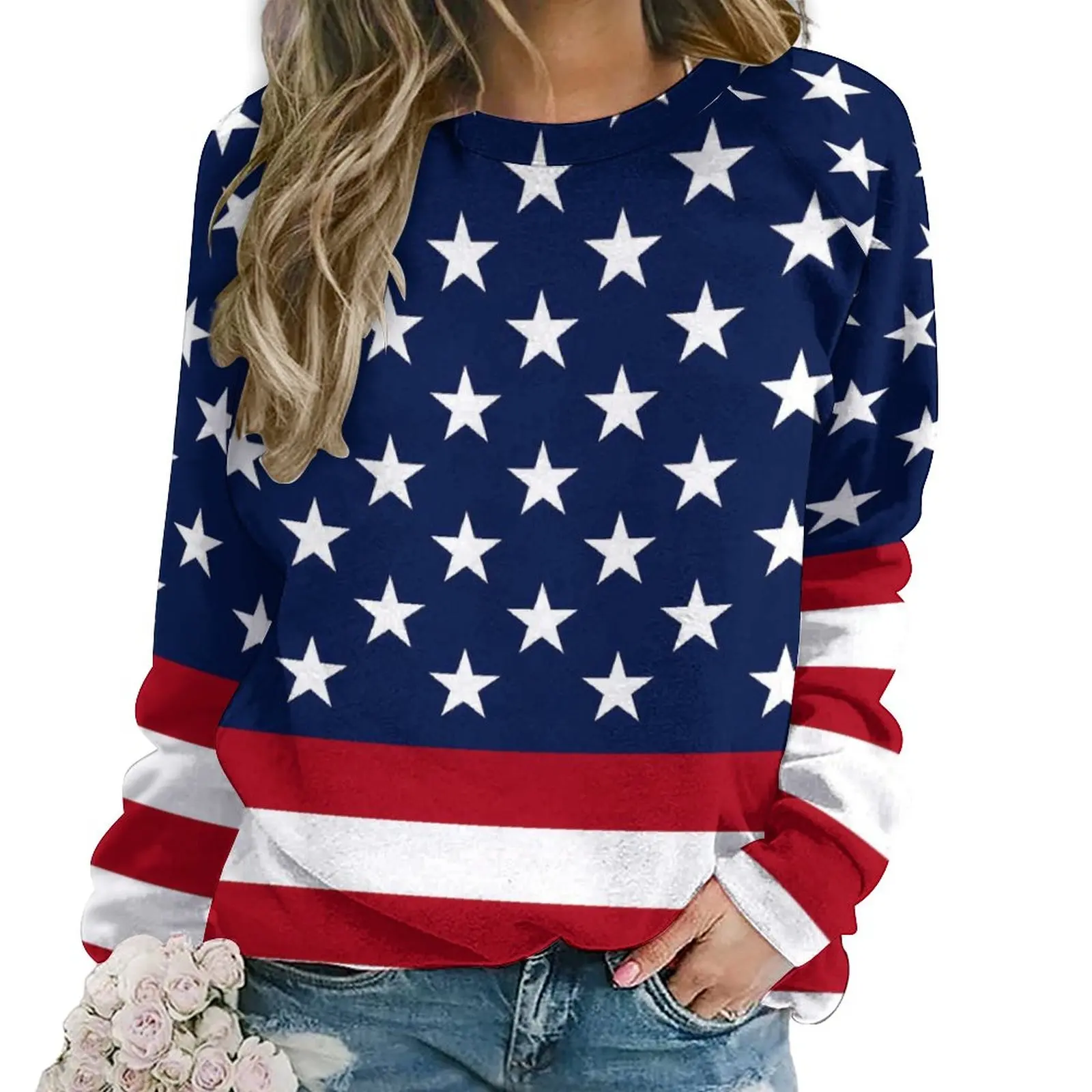 American Flag Flowers Print Casual Cotton Sweatshirt main image 0