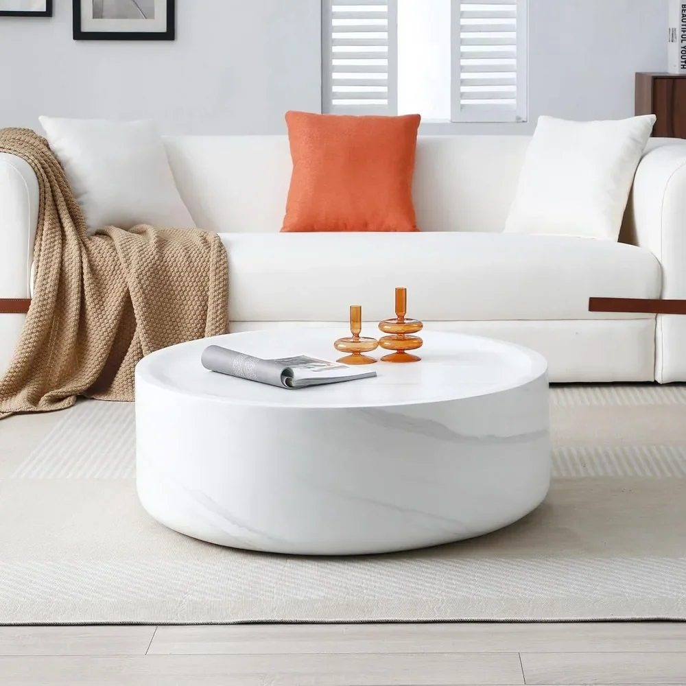 39.37 inch round coffee table, modern marble textured coffee table, fiberglass drum shape, no assembly required (white) 2