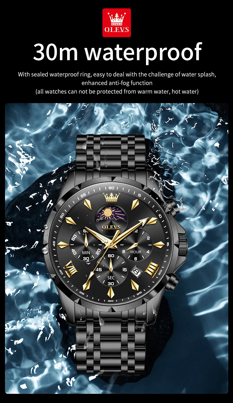 OLEVS 3653 Moon Phase Men Watch Luxury Brand Quartz Watch Fashion Original Waterproof Luminous 24-hour Automatic Date Men Watch