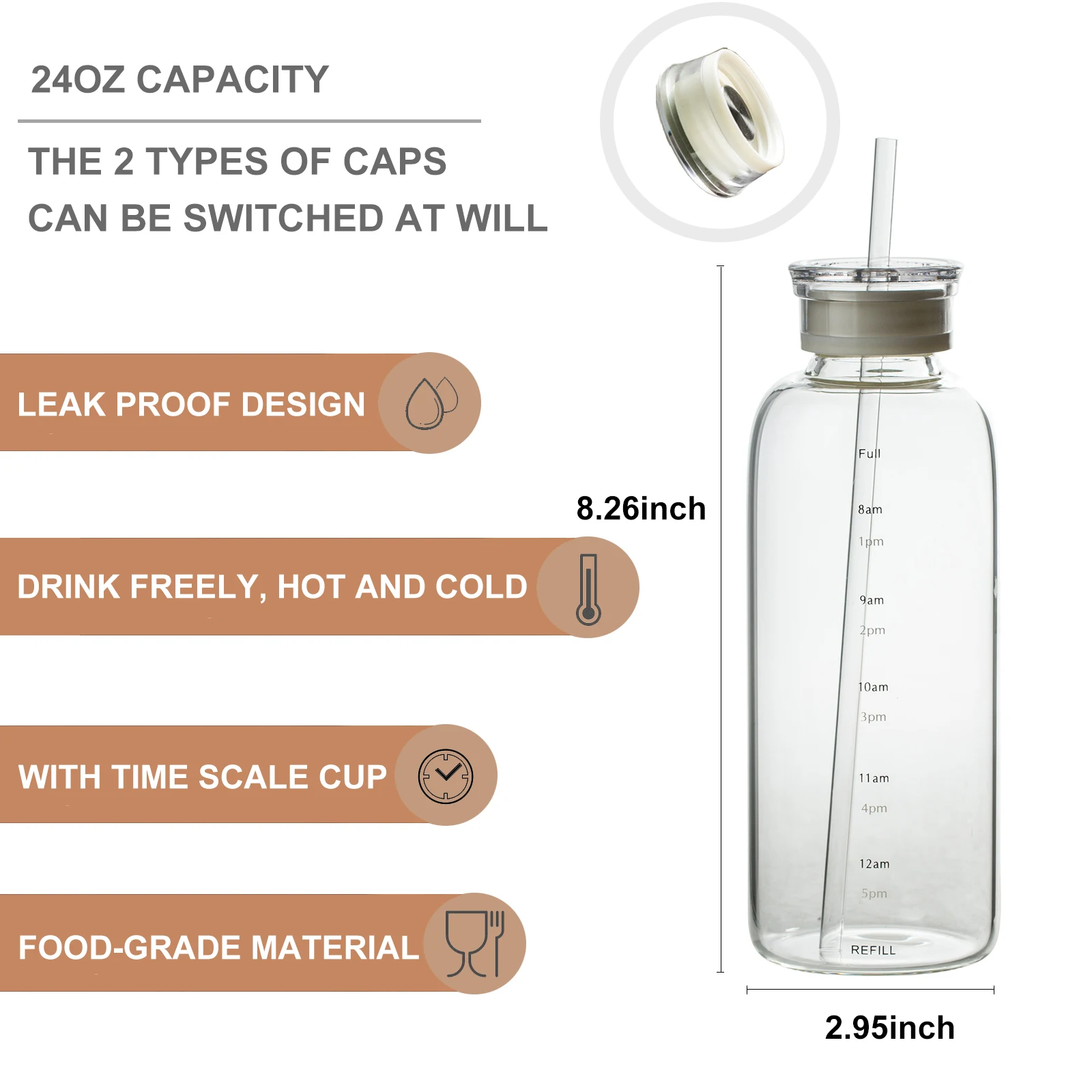 700ml/420ml Capacity Glass Water Bottle With Time Marker Cover For Water Drink