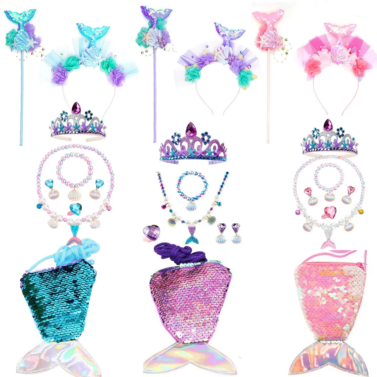 Girl Fancy Little Mermaid Photography Props Mermaid Tail Headband Magic Wand Princess Ariel Cosplay Accessory Necklace Bag Crwon Cosplay Accessories Hair Headband Accessories Hair Accessories