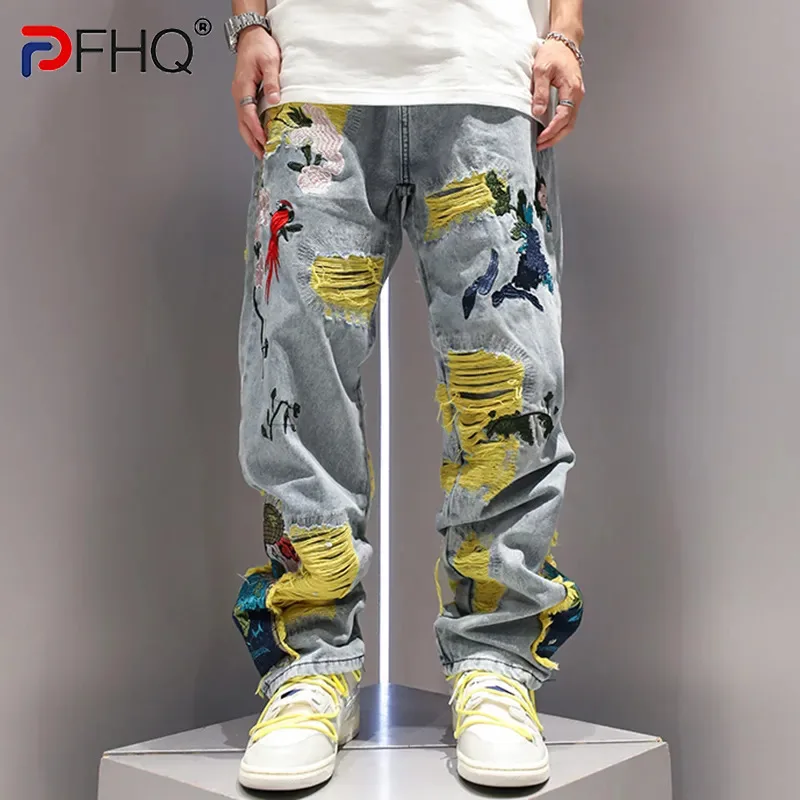 

PFHQ Men's Heavy Industry Embroidery Flower Pattern Perforated Jeans Autumn China-Chic Creativity Art Y2K Design Pants 21Z2534
