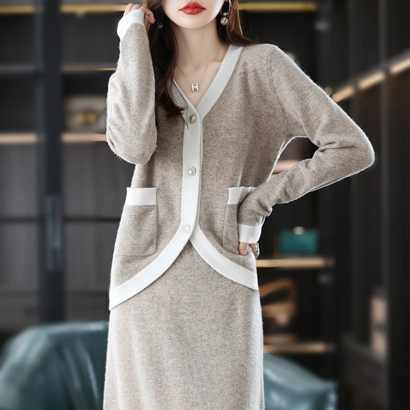 

23 spring and autumn new women's wool cardigan two-piece skirt wool suit skirt V-neck long-sleeved fashion boutique sweater
