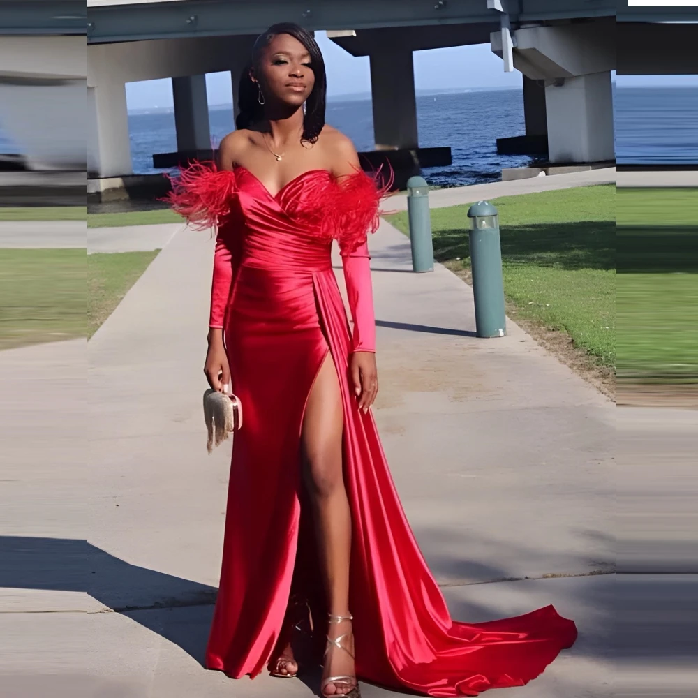 

Carolina Off Shoulder Satin Evening Dresses Women Pleated Short Sleeves Feathers Split Wedding Guest Elegant Formal Party Gowns